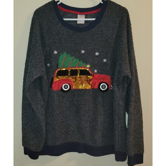 Secret Treasures 2X Sleepwear Christmas Sweater Red Truck Sequins Pulled Knit - Picture 1 of 8